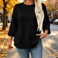 thumbnail image 4 of Mifsaly Plus Size Crewneck Sweatshirts Women Waffle Textured 3/4 Sleeve Pullover Sweatshirt Black,XXL, 4 of 8