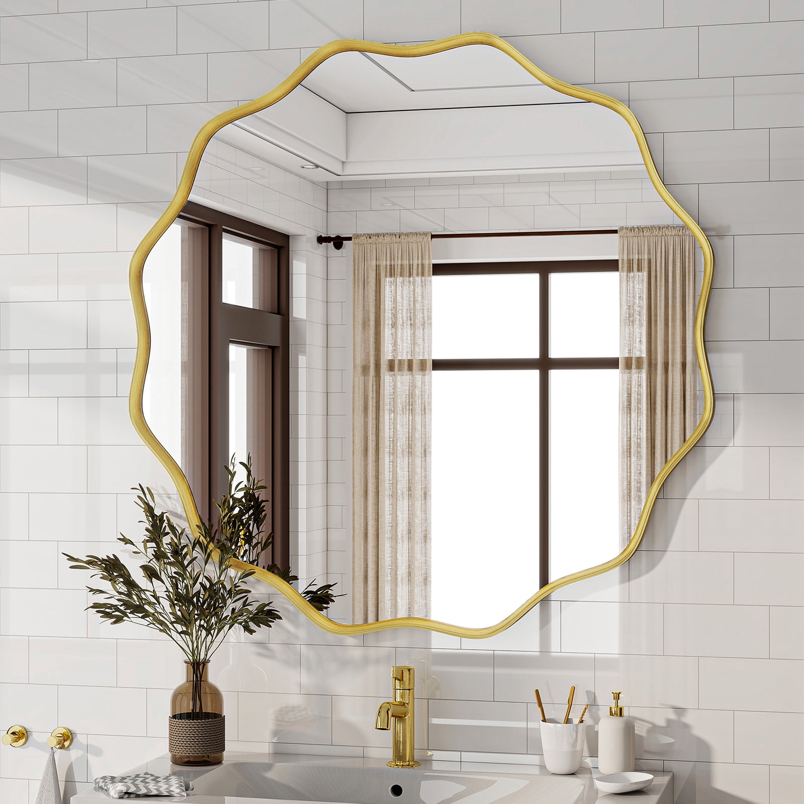 SHATTERVIEW 30" Wavy Round Bathroom Mirror Wall Mounted Vanity Mirror, Gold