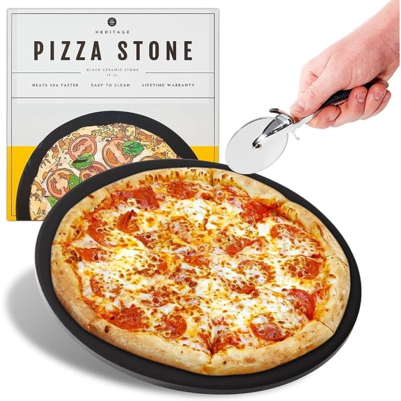 Heritage Pizza Stone, 15 inch Ceramic Baking Stone Oven Use - Non Stick, No Stain Pan & Cutter Set
