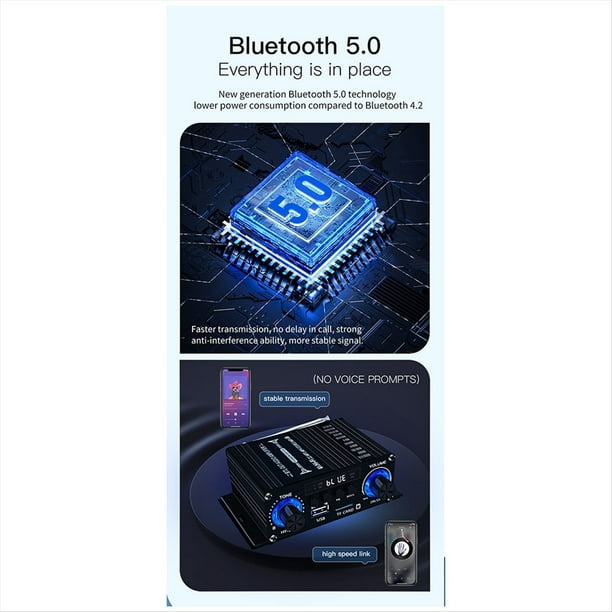 Amplificador Digital Bluetooth 12V para el Hogar y el Coche Altavoz de Sonido HIFI de 2 Canales FM Rrceiver Mini Amplificador de Audio Class-AB AMP