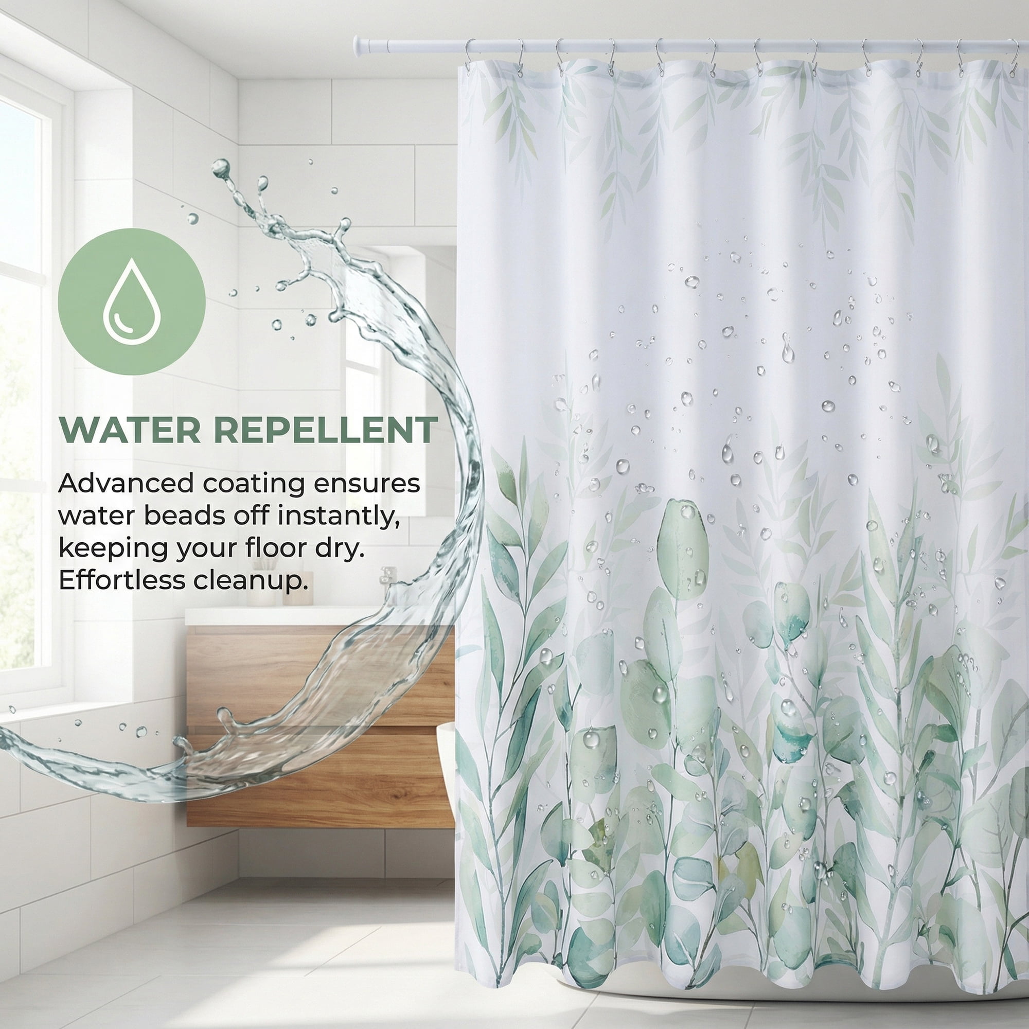 Unique Bargains Floral Print Sets, Waterproof Bath Curtain Green 71"W x 71"L