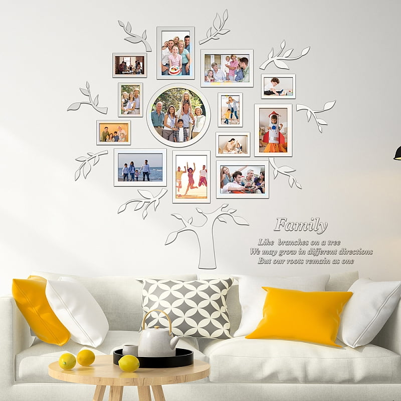 Acrylic Wall Stickers for Home Living Room Bedroom Decoration Tree and Word Pattern Silver 300x300mm 6pcs/set