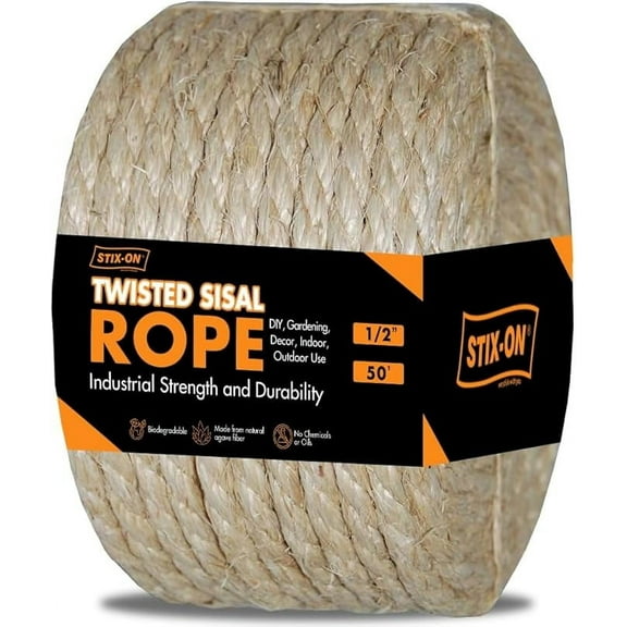 Twisted Sisal Rope – 50' X 1/2" Sisal Twine – Multipurpose Rope for Cat Scratcher, DIY Projects, Gardening, Arts & Crafts – Industrial Strength Natural Sisal String Rope (1/2 Inch X 50 Feet)