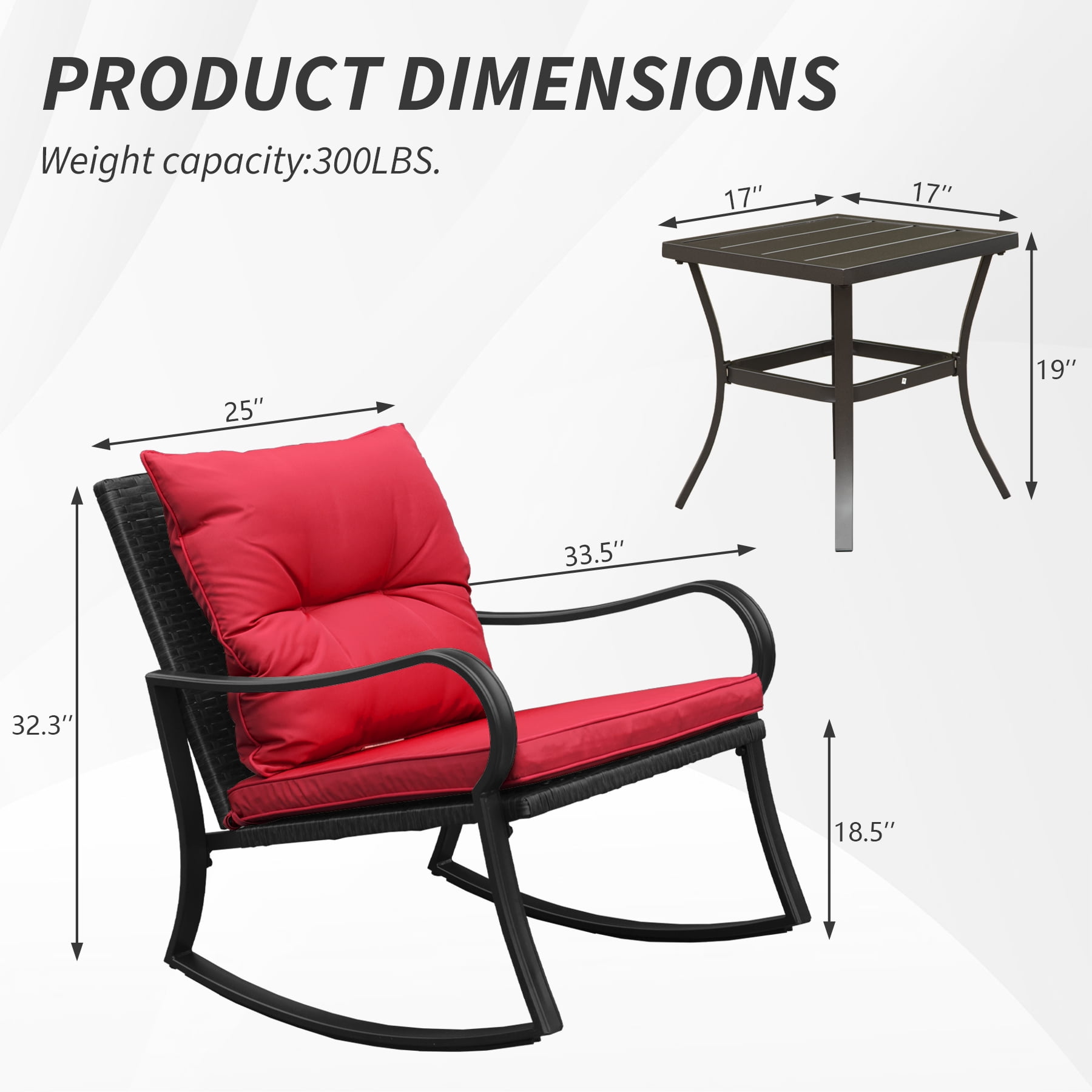 Leumius 3-Piece Outdoor Rocking Chair Set,Wicker Rocking Bistro Patio Set with Cushions & Table for Backyard, Porch, Balcony, Poolside,Red