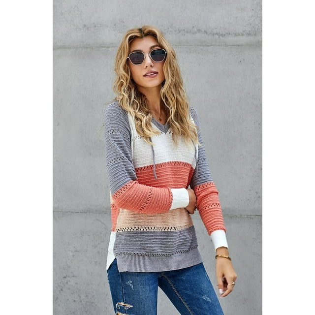 OUSITAID Women‘s Color Block Knit Hoodies Sweaters Loose Long Sleeve V Neck Drawstring Pullover Sweatshirts (Grey-2XL)