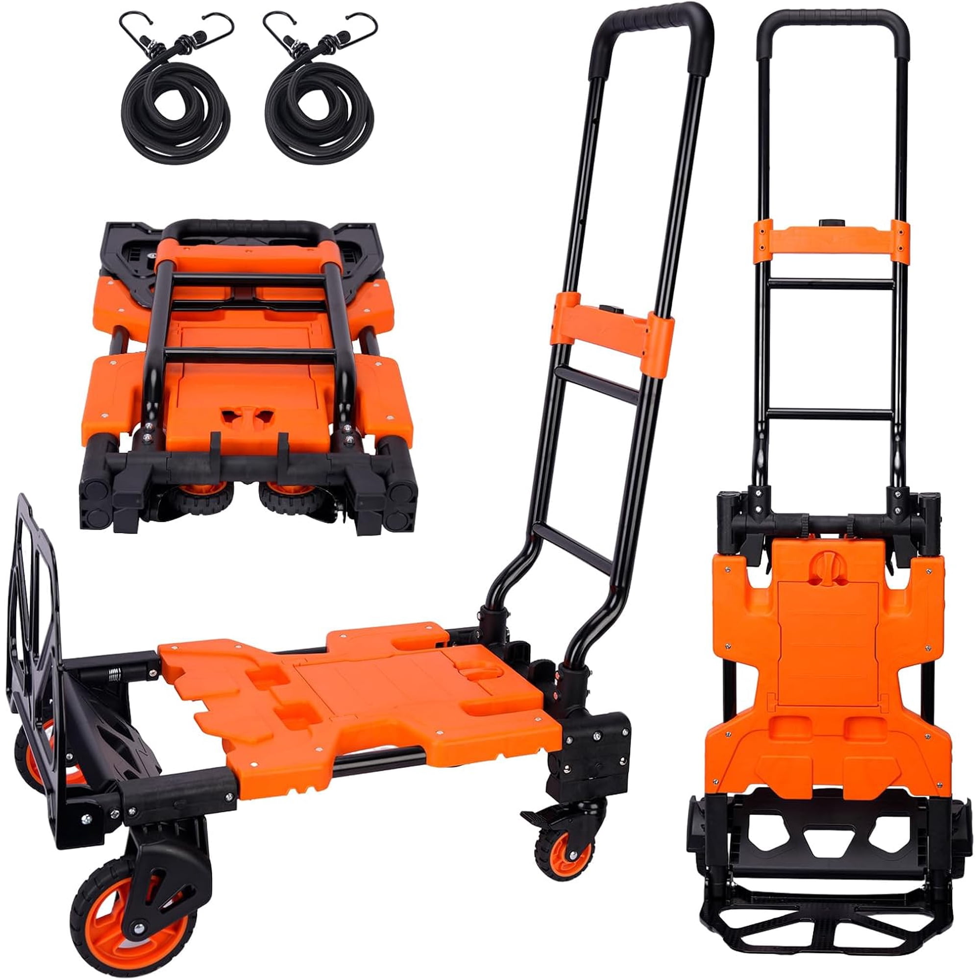 2 in 1 Folding Hand Truck, Dolly Luggage Cart with Wheels & 2 Hooked Elastic Ropes, Portable Utility Collapsible Dolly Cart, Retractable Handle Trolley Cart for Moving, Office