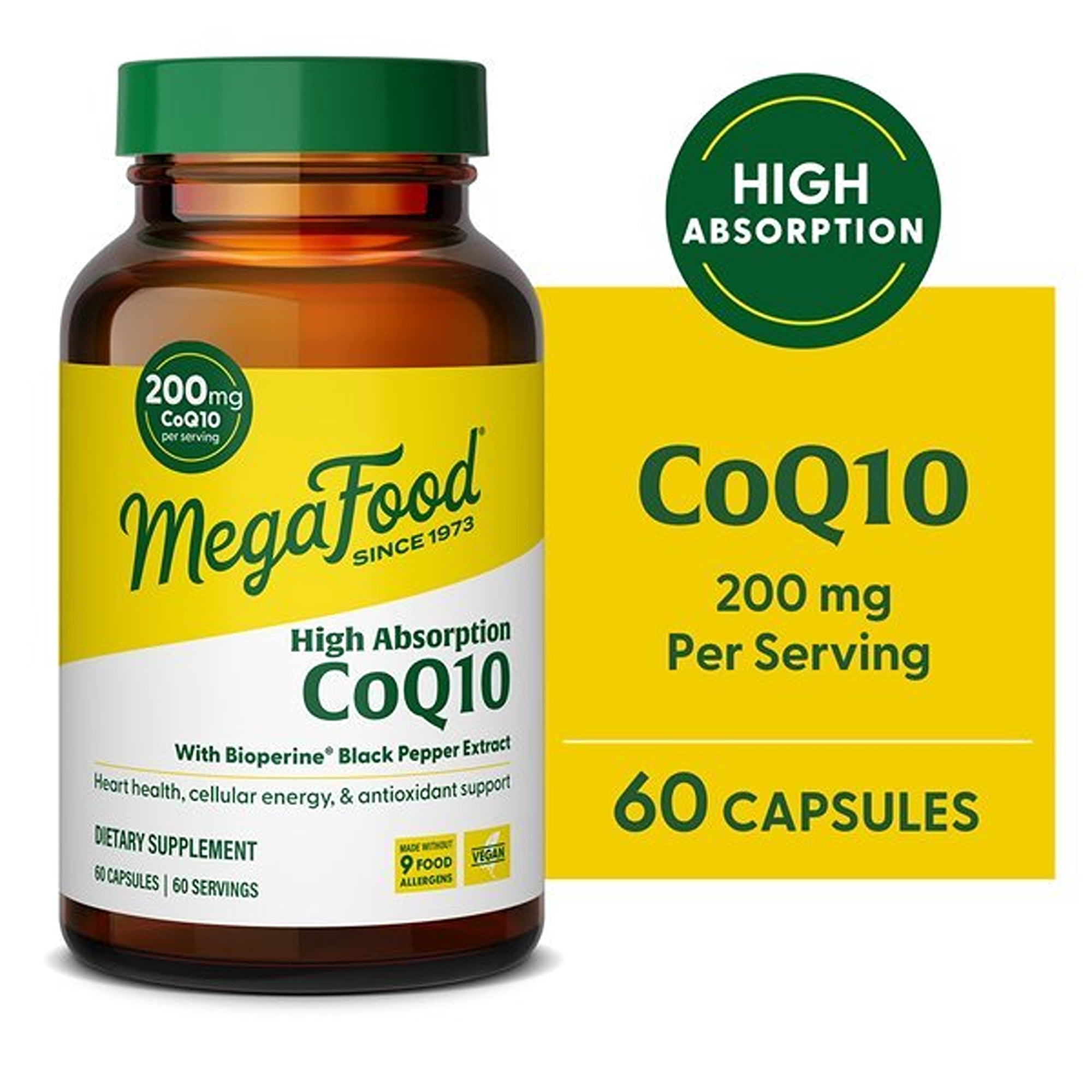 MegaFood High Absorption CoQ10 200mg With Black Pepper Extract, 60 Capsules, 60 Servings
