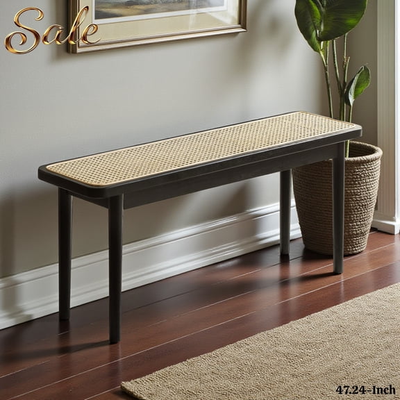 GZXS 47.24" Dining Bench with Handwoven Rattan Seat, Farmhouse Solid Wood Bench for Entryway,Living Room,Kitchen and Bedroom (Black)