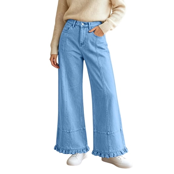 Juesizh Wide Leg Jeans for Women Plus Size Solid Color Caual Jeans Button Zipper Waist Ruffle Hem Long Denim Pants, S-3XL