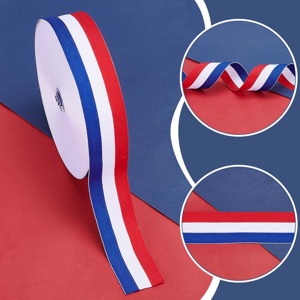 1roll 50 Yards Red White Blue Striped Grosgrain Ribbon 1.57" Polyester Double Faced Stripe Craft Gift Wrapping Embellishments Ribbon for Garment Home Party Wedding Christmas Decorations Colorful