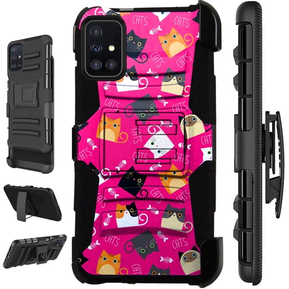WORLD ACC LuxGuard Holster Case Compatible with Samsung Galaxy A71 4G Hybrid Phone Cover (Pink Fishbone Cat)