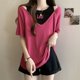thumbnail image 3 of Tops de manga corta de dos piezas falsos de talla grande para mujer, camisetas holgadas con letras en contraste, ropa informal de verano nueva, 3 of 5