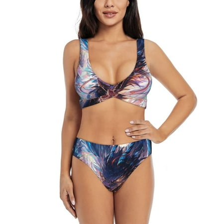 Zeuib Urban Style Colorful Dragon High Waisted Tummy Control Bikini Set - Knot Front Push Up Top & Cheeky Thong Bottom  Two-Piece Swimsuit for Women-XX-Large