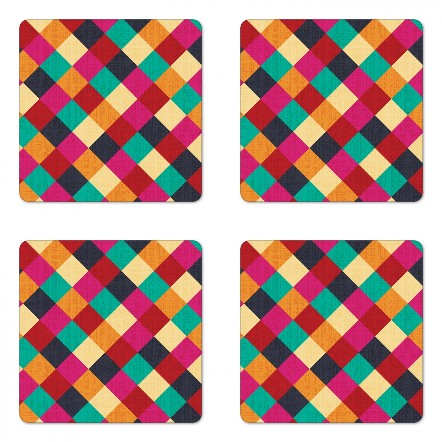 Colorful Coaster Set of 4, Geometric Rhombus Checkered Pattern with ...