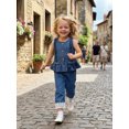 thumbnail image 5 of BemeyourBBs 2Pcs Kids Toddler Baby Girl Denim Outfits Summer Clothes Sleeveless Bow Decor Ruffle Denim Tank Tops Lace Trim Wide Legs Jeans Pants Set, 5 of 8