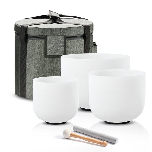 Conjunto de 3 Cuencos Canto de Cristal de Cuarzo Esmerilado CVNC 432HZ 6" Nota La Tercer Ojo, 7" Nota Do Raíz, 8" Nota Fa Corazón con Estuche para Sanación de Sonido y Meditación