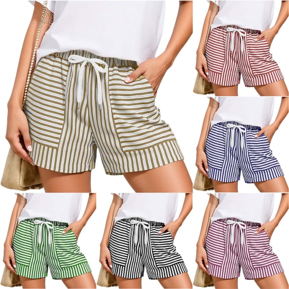Aboser Women's Summer Casual Shorts Fashion Striped Shorts 3 Inch Inseam Beach Travel Shorts Drawstring Elastic Waist Shorts with Pockets