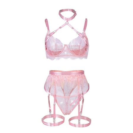 

Womens Lingerie Set Lace Outfit Bra And Pantie Nightie With Choker Garter Lingerie For Women Sheer Matching Set Of Lace Feathers 5 Piece Padded Push up Lingerie Women Lingerie Fishnet