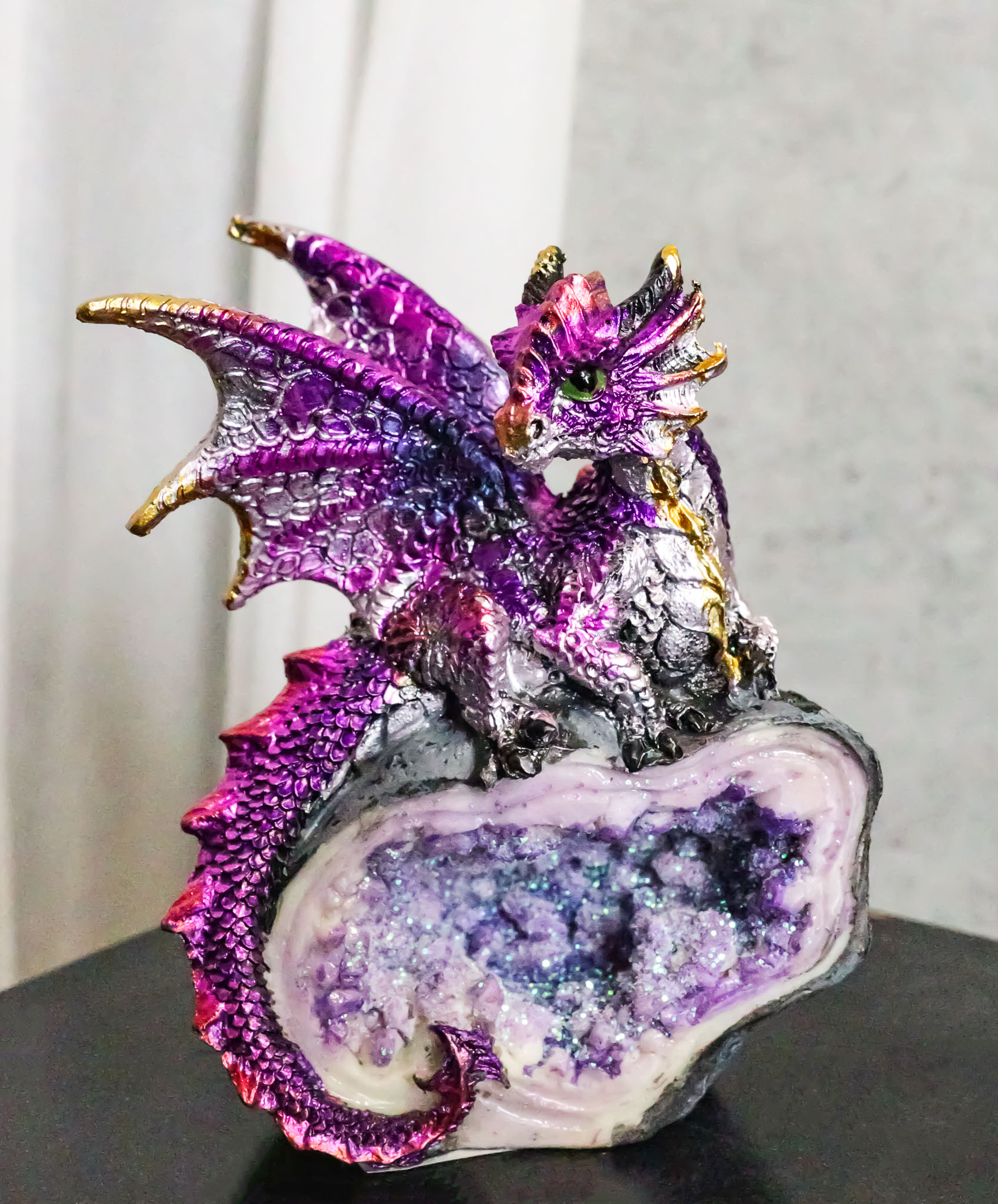Metallic Purple Iridescent Wyrmling Dragon On Faux Geode Crystal