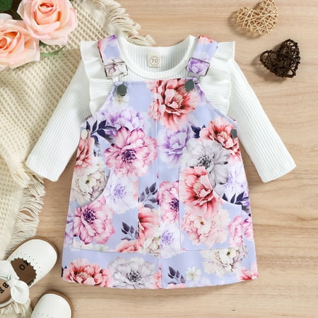 

Hunpta Infant Girls Long Sleeve Ribbed Romper Bodysuits Floral Prints Suspenders Skirt Outfits