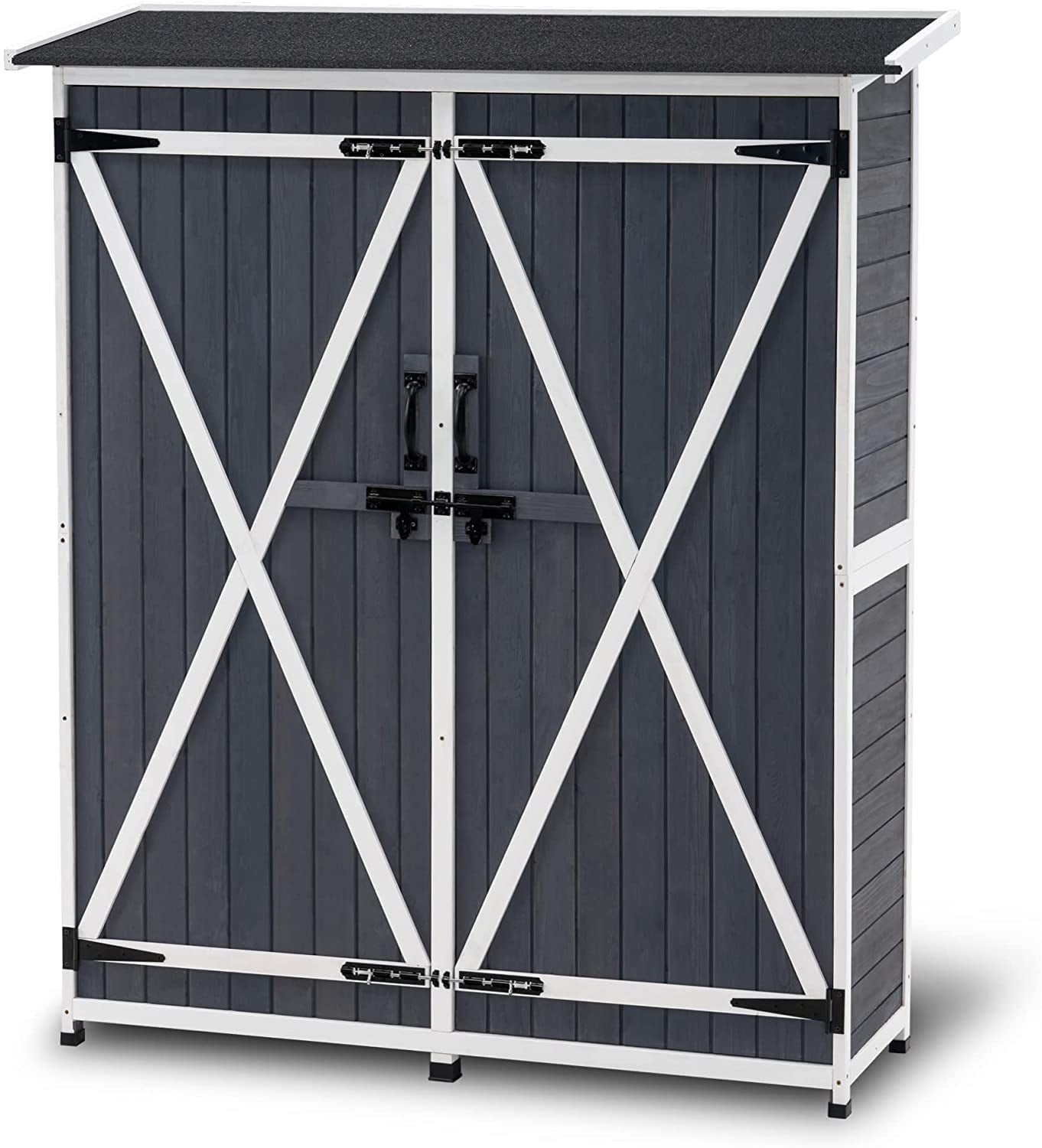 MCombo 64 inch Tall Outdoor Storage Cabinet with Shelves and Floor, Lockable Double Doors Garden Wood Tool Shed, Fir Wood