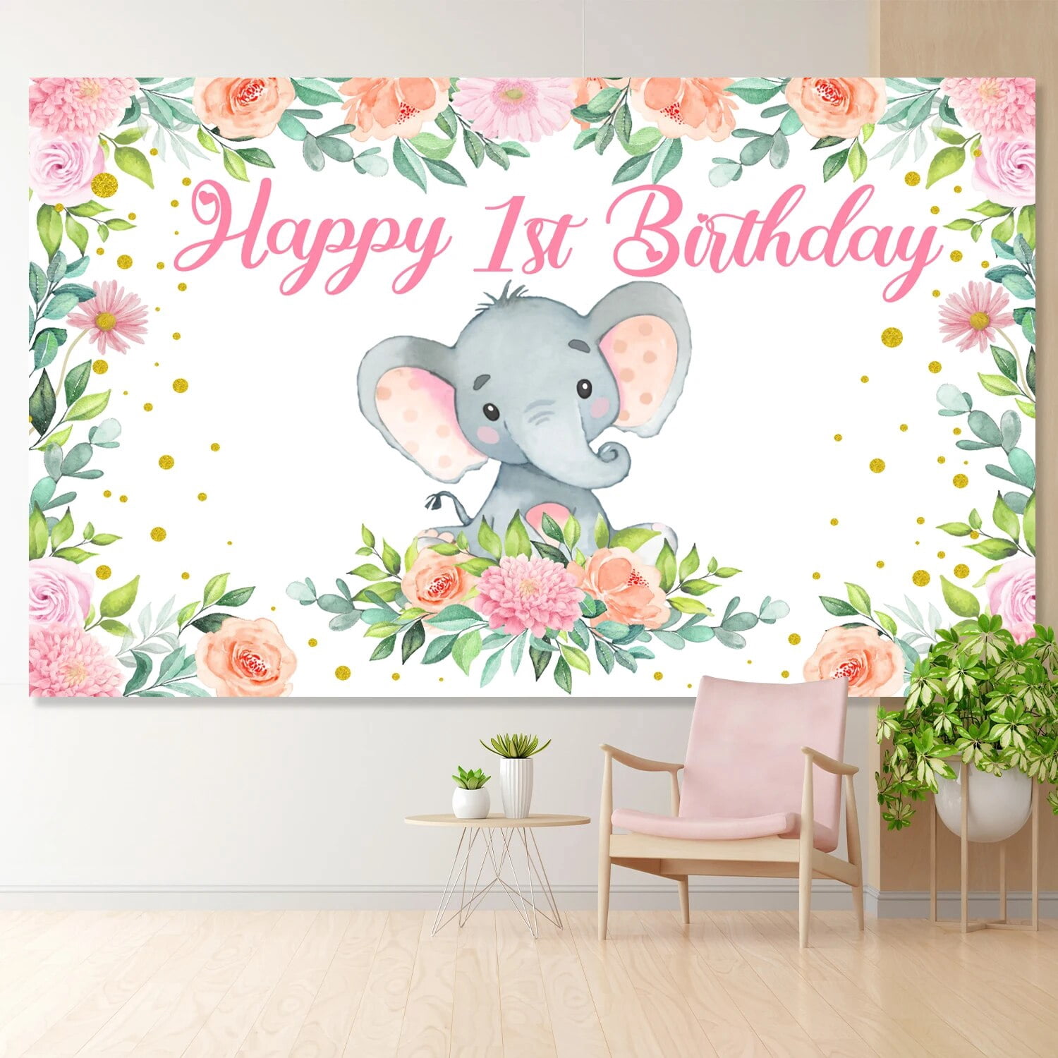 Fotohintergrund Für Babyparty – Elefanten-Design In Rosa, 2,1 X 1,5 M, Aus Vinyl