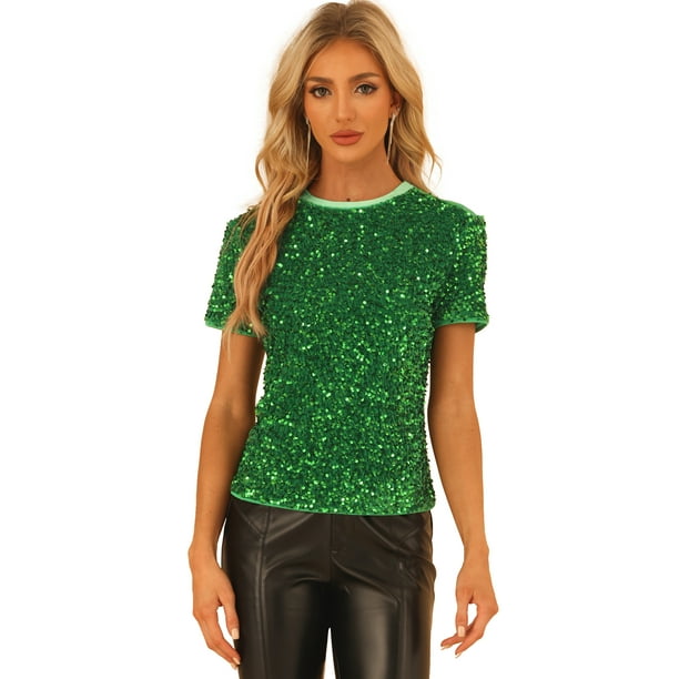Blusa de fiesta Allegra K de manga corta con cuello redondo y lentejuelas de terciopelo Verde L