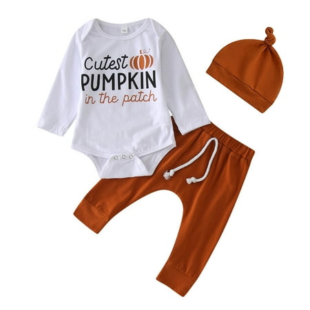 

QBGSAY Kids Outfits Sets Halloween Newborn Infant Girls Boys Long Sleeve Letter Pumpkin Prints Romper Long Pants Hat Casual Outfits For Kids