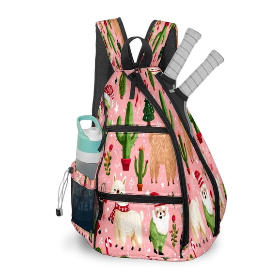 Pickleball Bag with Padded Back, Christmas Llama Pink Multi-Compartment Paddle Backpack, Lightweight Nylon Sports Bag for Men & Women