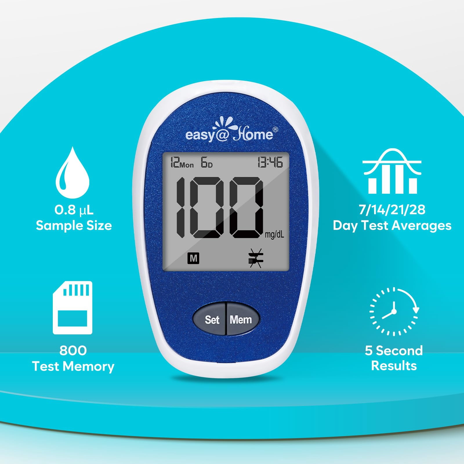 Easy@Home Blood Glucose Monitor Kit, Portable Blood Sugar Testing System, Includes Meter, Lancets, and Test Strips, Model EBG-100SL
