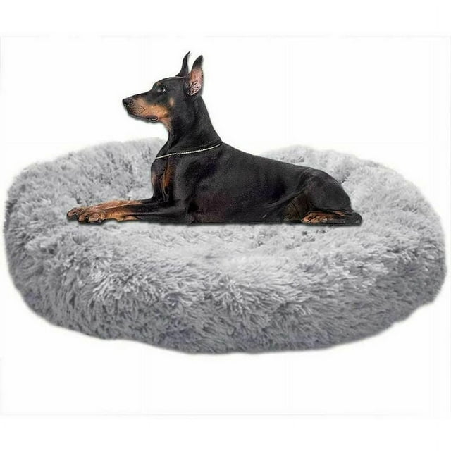 Cama para perros redonda suave extragrande lavable con cojín, cama para perros de lujo con cojín en forma de donut para perros grandes, L-80 cm, gris claro