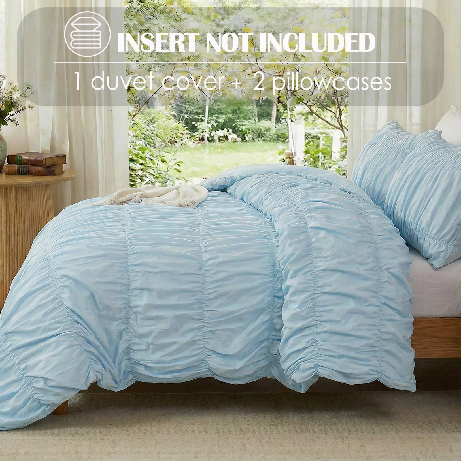 100% Cotton Blue Wrinkle Duvet Cover Set Queen Size,Ruched Bedding Comforter Cover,Shabby Chic Ruffled 3 Pcs Queen Duvet Cover Set,Bohemian Boho Bedding Set with Zipper 1 Duvet  Cover 2 Pillowcases