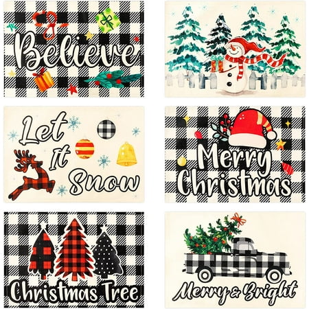 

JOOCAR Christmas Placemats 18x12 Inch Buffalo Plaid Christmas Tree Truck Snowman Let It Snow Christmas Believe Christmas Placemats Set of 6 Placemats for Home Table Holiday Decorations