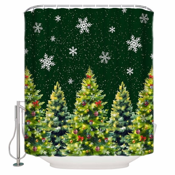 Christmas Tree Bathroom Shower Curtains with Hooks, Winter Xmas Snowflake Color Ball Bow Green Waterproof Fabric Washable Shower Curtain for Home Hotel Bathtub Decor 36x72 Inch