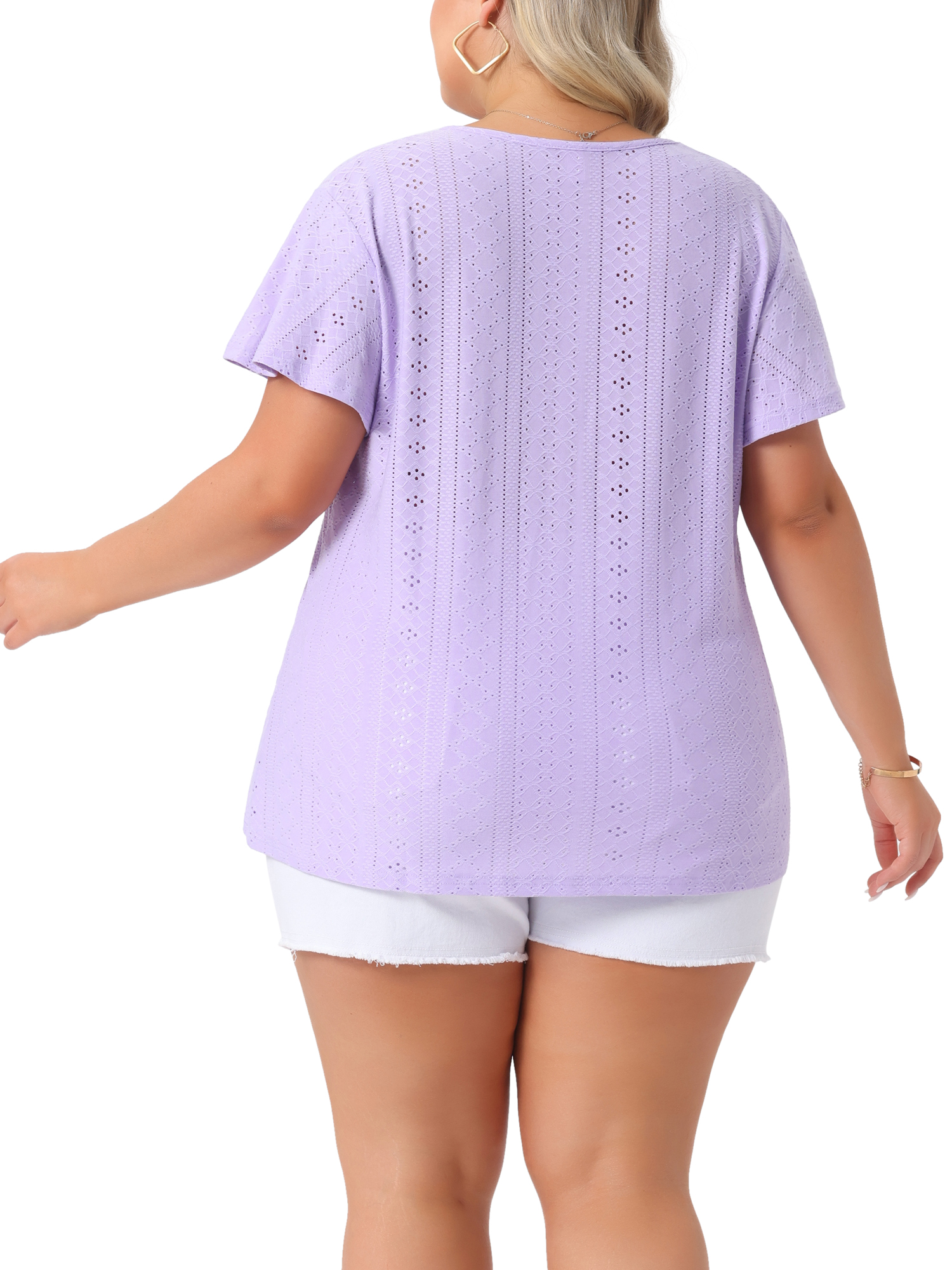DARING DIVA Women's Plus V Neck Hollow Flare Short Sleeve Top 3X Light Purple