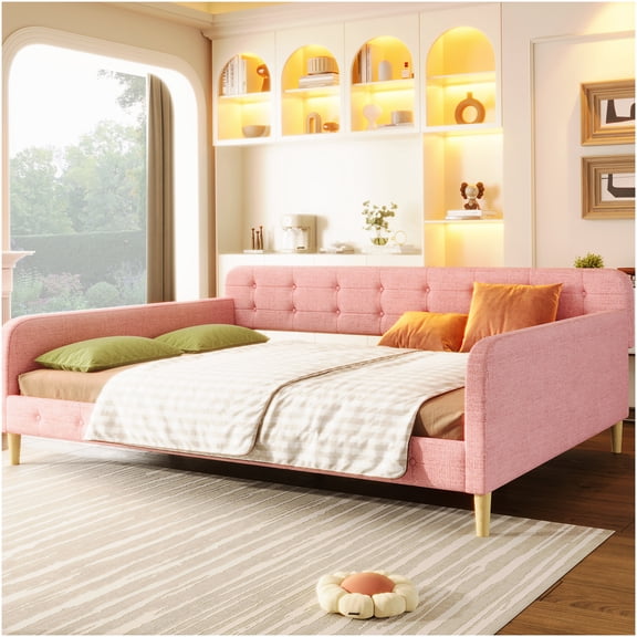Queen Size Upholstered Daybed with Storage, Sofa Bed with 4 Support Legs and Slats, No Box Spring Needed