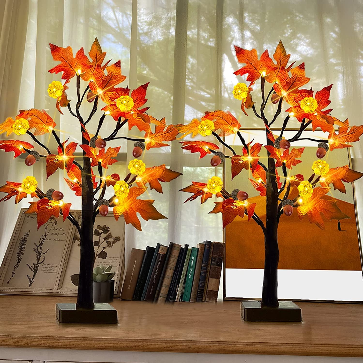24 LED Light Up Fall Tree Tabletop Lighted Maple Tree Battery Operated Thanksgiving Table Decoration Lights Maple Leaves Pumpkin Thanksgiving Halloween Tree for Indoor Home Bedroom Fall Decorations