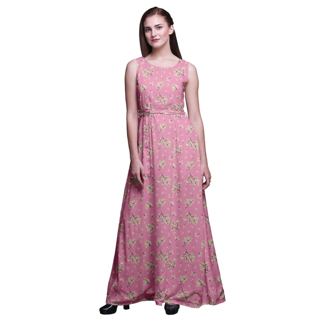 Bimba Robe Longue Sans Manches pour Femmes à Imprimé Feuilles Style Chic Maxi-Robe-TP