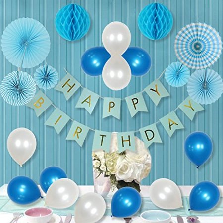 Lansian 34pcs Blue Happy Birthday Banner Balloons Paper Fan Pom