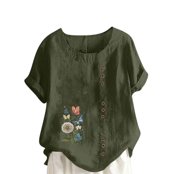 Vestidos Casuales Para Mujer, Blusas De Mujer De Moda Blusa tipo túnica informal de lino con estampado de peces del océano y botones de manga corta para mujer
