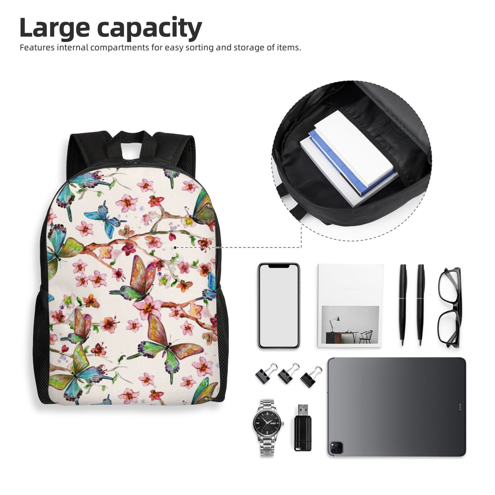 Xecao Watercolor Floral With Butterflies Print School Backpack with Laptop Compartment Small Travel Laptop Backpack for Women Men Waterproof College Backpack Simple School Bag