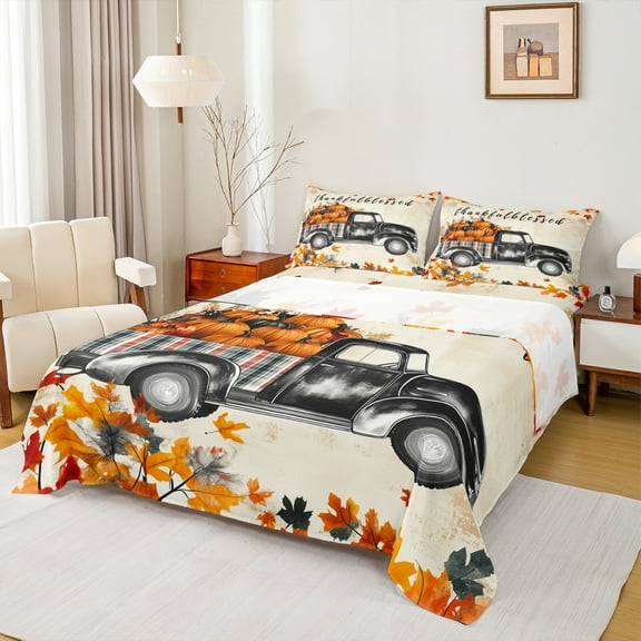 Castle Fairy Autumn Fall Harvest Pumpkin 3Pcs Twin Sheet Sets for Girls Boys Teens,Black Truck Twin Fitted Sheet,Thanksgiving Day Breathable Flat Sheet,Ultra Soft Home Decor