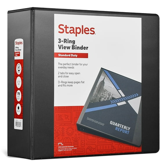 4" Staples Standard View Binder with D-Rings Black 976181