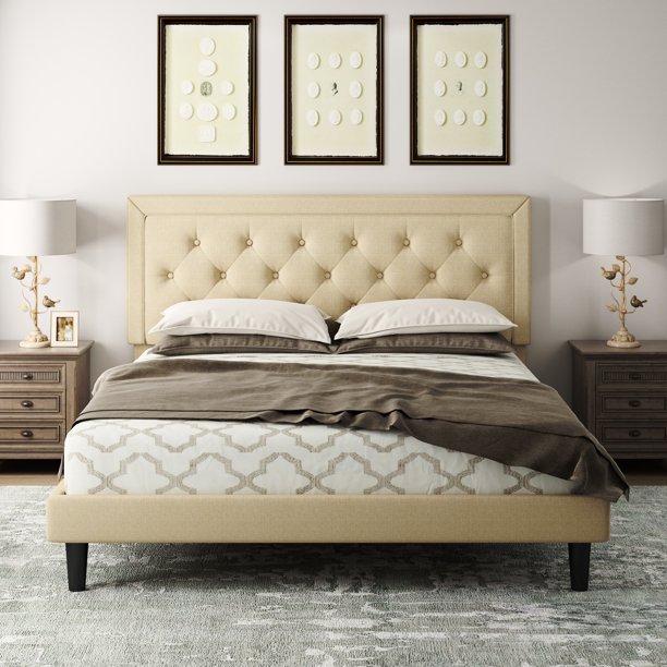 Amolife Queen Size Fabric Upholstered Platform Bed Frame with Button Tufted Headboard, Beige