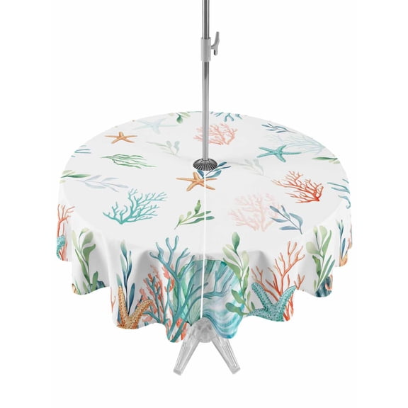 Outdoor Tablecloth with Umbrella Hole for Patio/Picnic/Party/Camping, Beach Coastal Waterproof Table Cloth Round Cover Washable, Summer Coral Starfish Nautical Ocean (Dia 54")