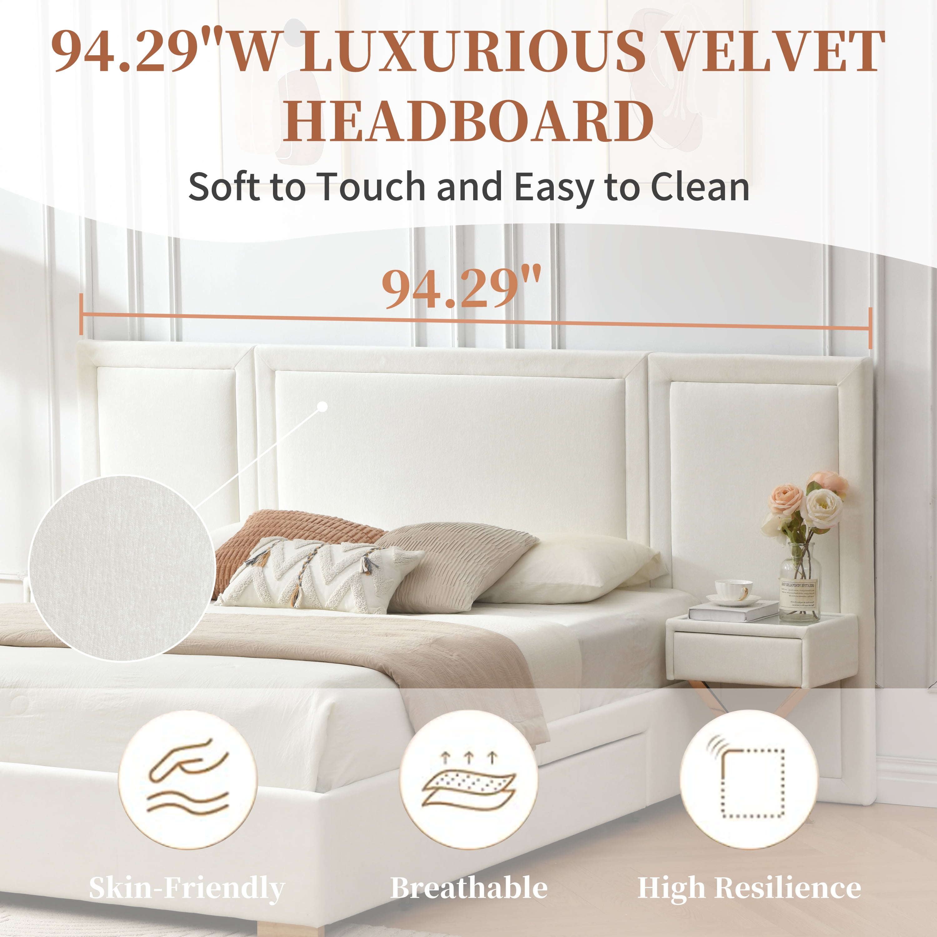 Queen Size Upholstered Platform Bed Frame, Bed Frame with Storage, Velvet Headboard with Built-in Nightstands & Drawers, No Box Spring Needed, Wooden Slats Support, Noise-Free, Easy Assembly, White