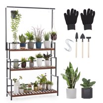 CENZEN Hanging Plant Stand Indoor Outdoor 3 Tiers Metal Plant Shelf for Patio Garden Bamboo Flower Pot Holder Rack Black