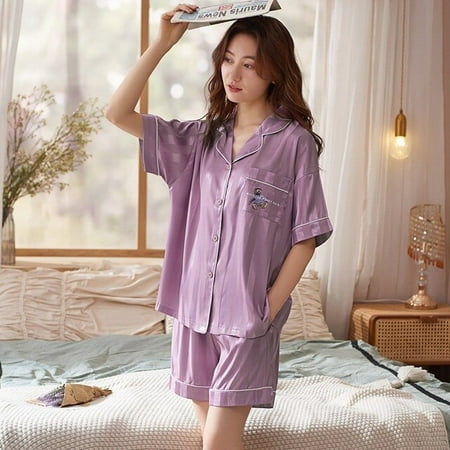 

QWZNDZGR Couple Pajamas For Men and Women Summer Satin Shorts Pijama Lounge Male Home Clothes Suits Silk Sleepwear Couples Pajama Sets