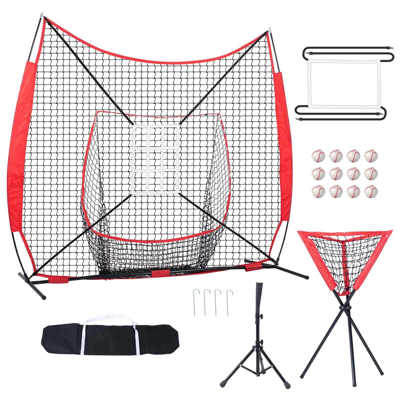 KFFKFF 7x7 ft Net for Baseball Softball Drills, Movable Training Mesh for Batting Catching Throwing, Backstop Gear with Arc Structure, Transport Sack, Target Area, 12 Spheres, Stand