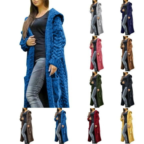 idosla Womens Casual Long Sleeve Open Cardigan Warm Hooded Outwear Coat Cable Knit Long Cardigan Sweaters with Pockets (Coffee, M)